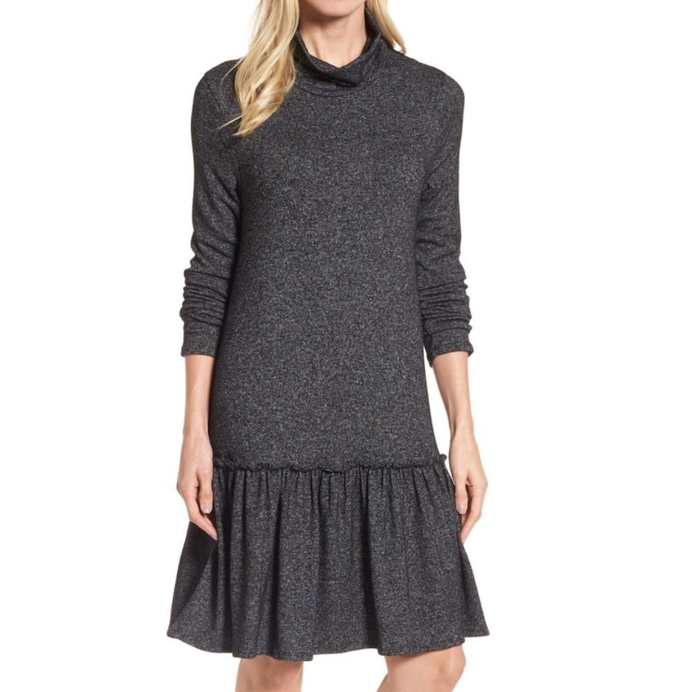 Halogen Heathered Black Ruffle Hem Mockneck Drop Waist Dress Long Sleeve Small